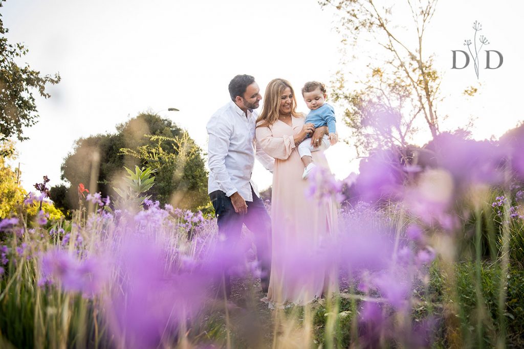 San Dimas Family Photo with Infant and Purple Flowers